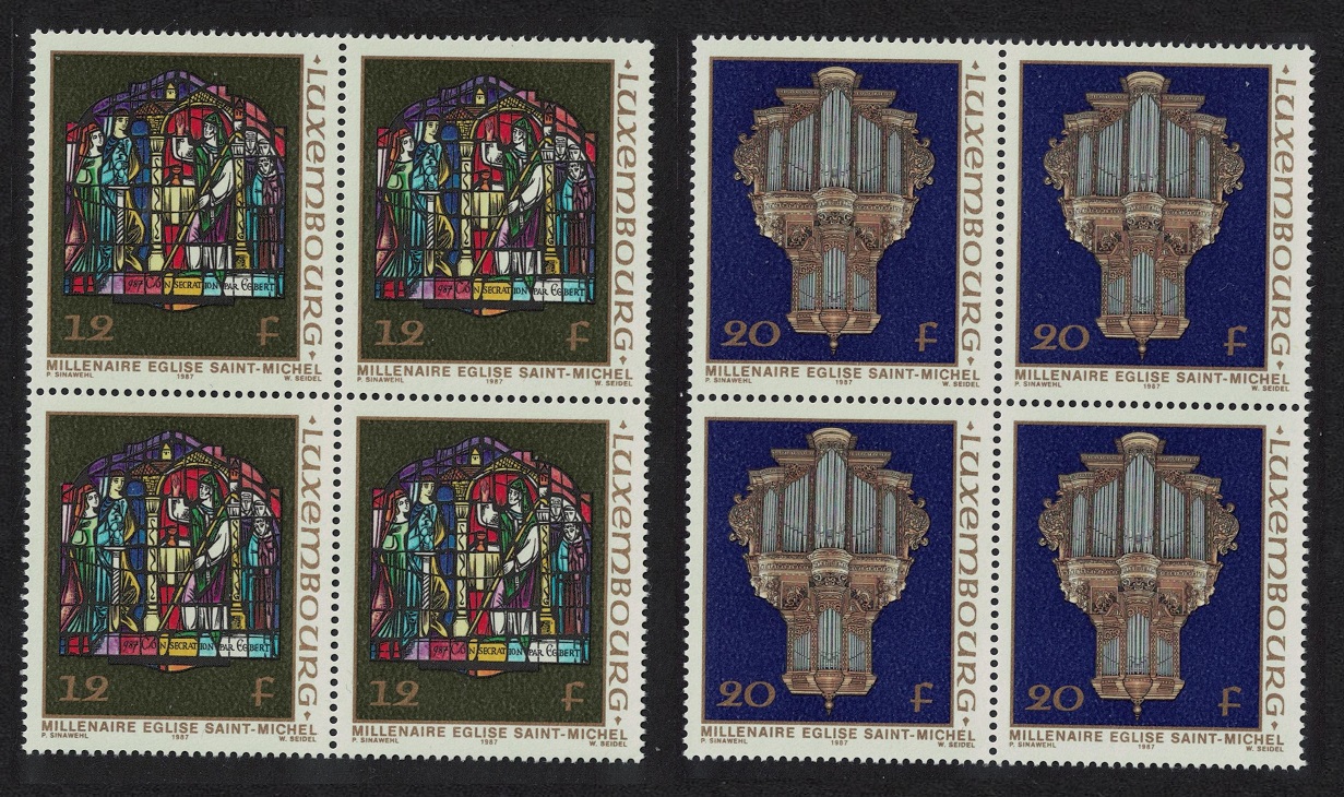 Luxembourg Organ Glass St Michael&#39;s Church 2v Blocks of 4 1987 MNH SG#1207-1208 MI#1176-1177