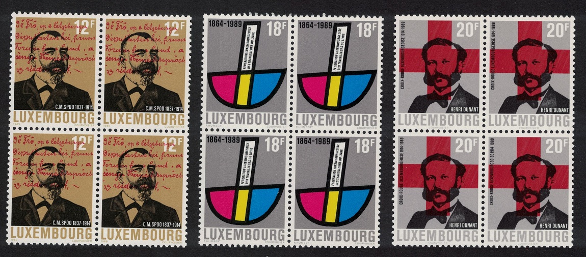 Luxembourg Anniversaries Red Cross Dunant 3v Blocks of 4 1989 MNH SG#1241-1243 MI#1214-1216