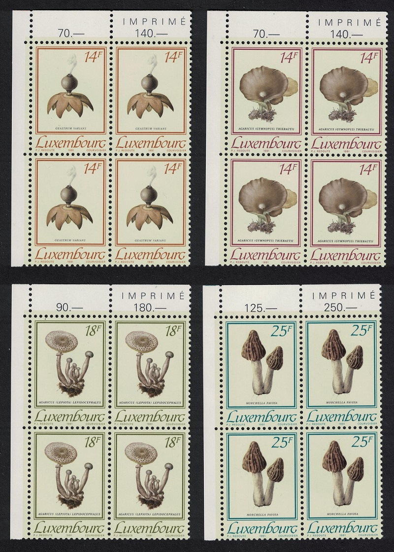 Luxembourg Fungi 4v Corner Blocks of 4 1991 MNH SG#1285-1288 MI#1267-70