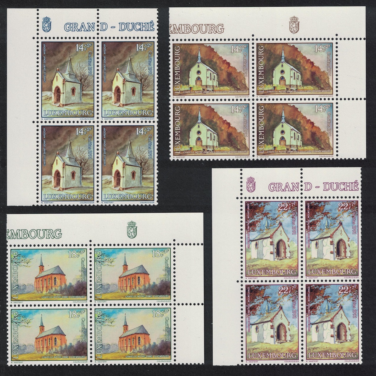 Luxembourg Restored Chapels 4v Corner Blocks of 4 1991 MNH SG#1304-1307 MI#1284-1287