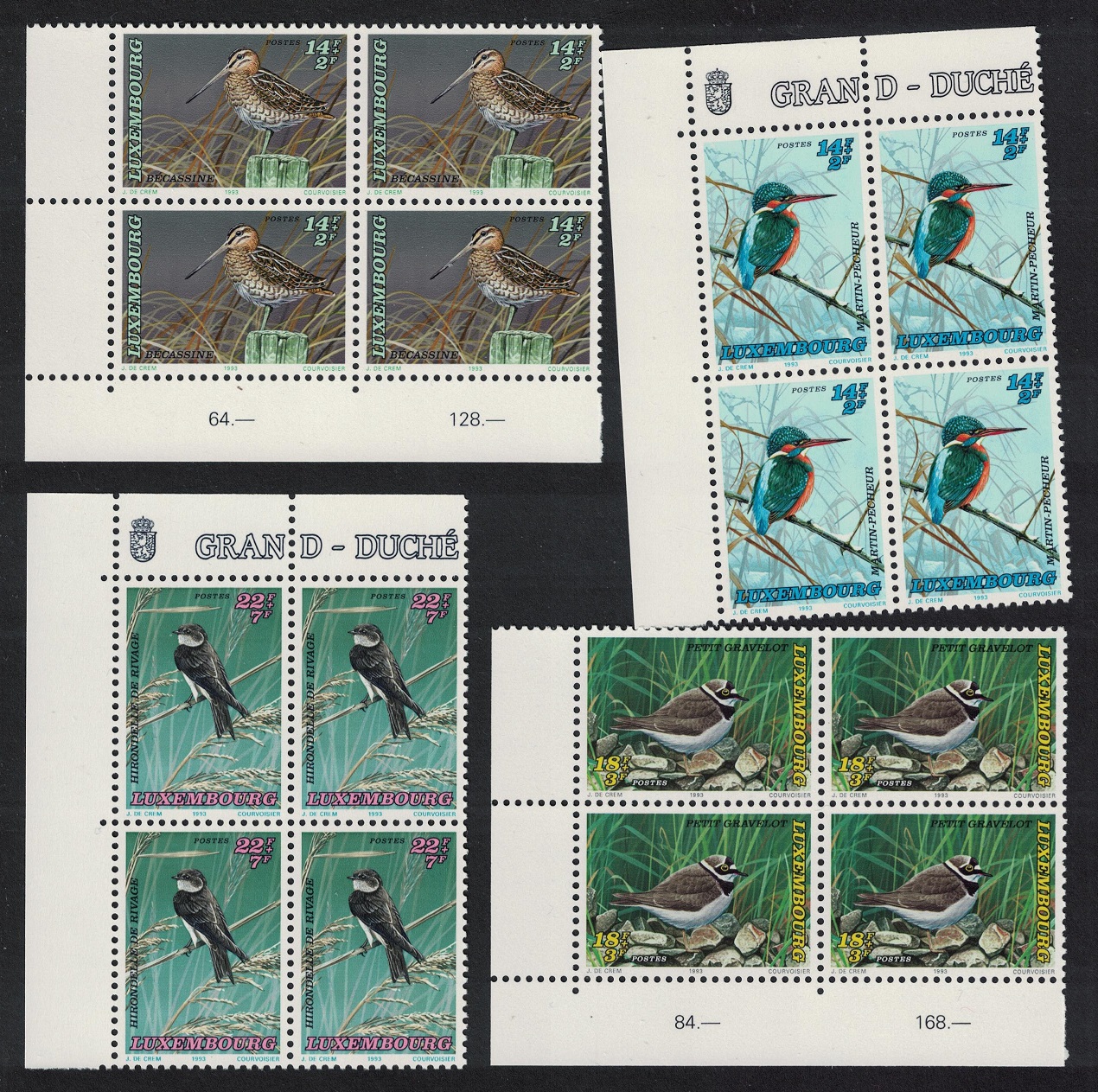 Luxembourg Birds Snipe Kingfisher Plover Martin 4v Corner Blocks of 4 1993 MNH SG#1364-1367 MI#1306-1309