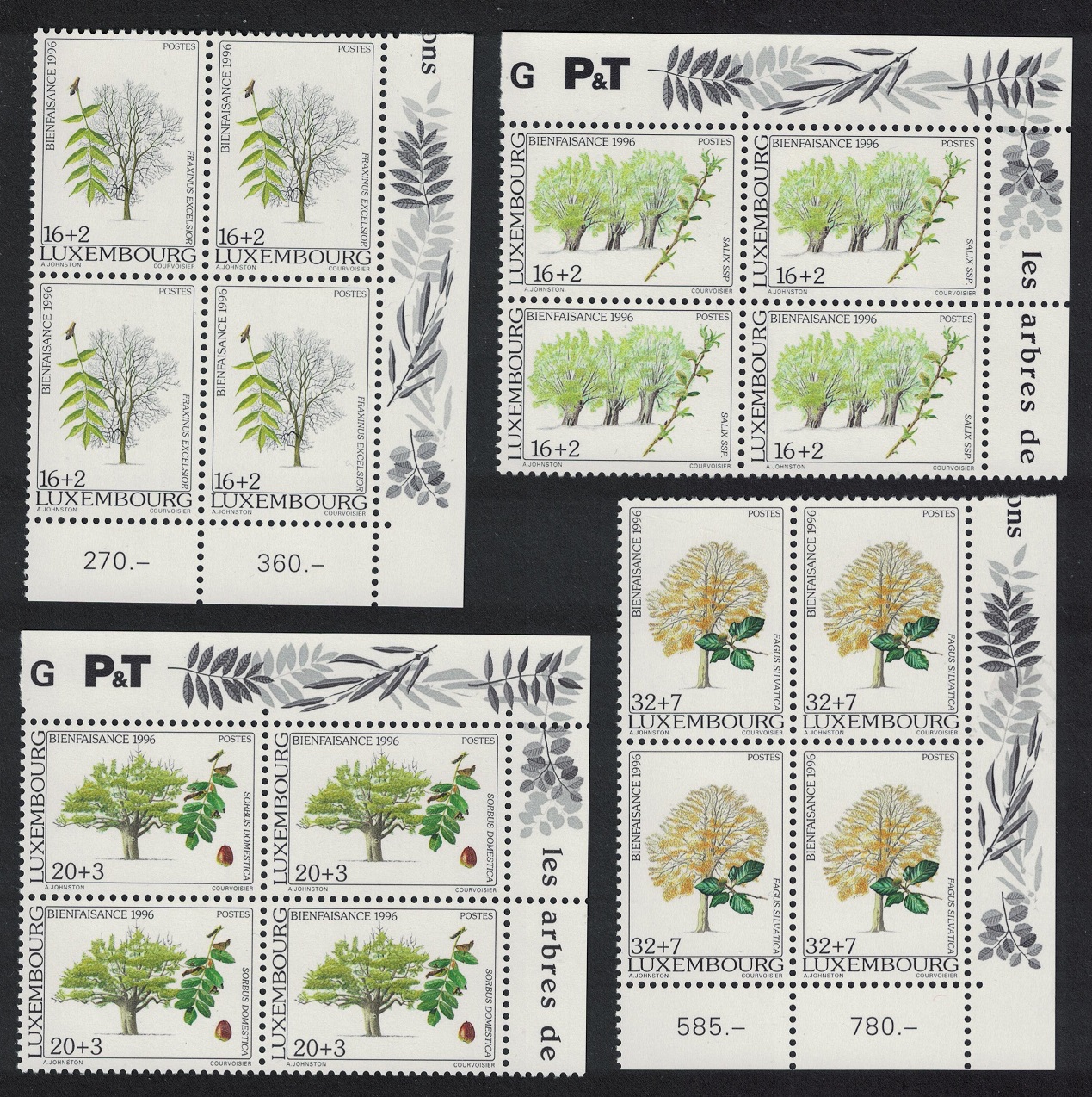 Luxembourg Trees 2nd series 4v Corner Blocks of 4 1996 MNH SG#1432-1435 MI#1404-1407