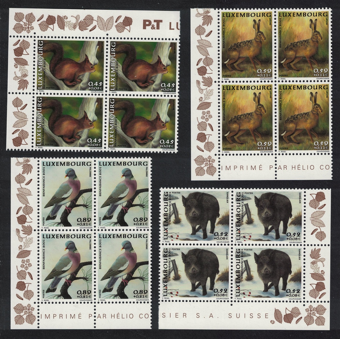 Luxembourg Squirrel Boar Hare Wood Pigeon Bird 4v Corner Blocks 2001 MNH SG#1601-1604 MI#1554-1557