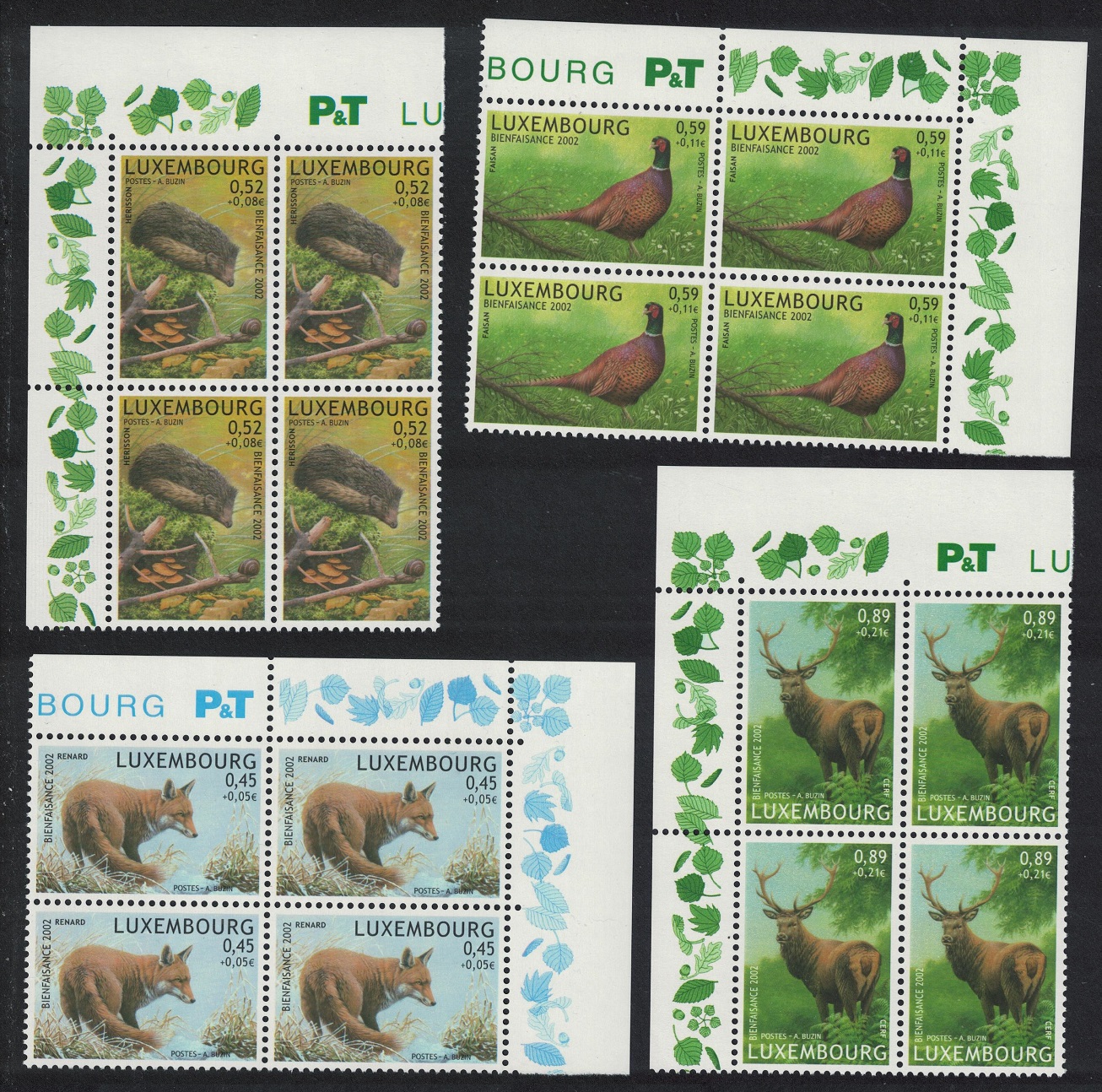 Luxembourg Pheasant Bird Fox hedgehog Deer 4v Corner Blocks 2002 MNH SG#1632-1635 MI#1593-1596