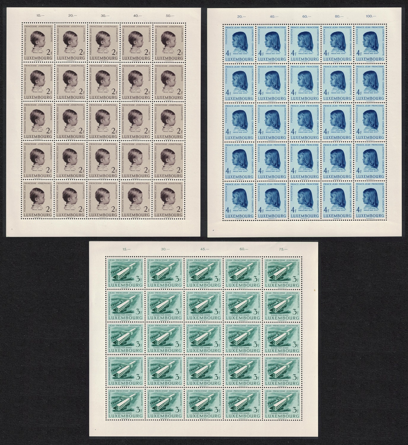 Luxembourg Prince Jean And Princess Josephine Full Sheets 1957 MNH SG#623-625 MI#569-571 Sc#326-328