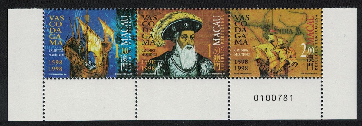 Macao Macau Vasco da Gama ERROR &#39;1598&#39; Bottom strip of 3v Control Number 1998 MNH SG#1040-1042 Sc#928a