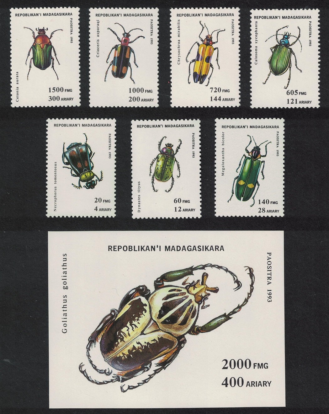 Madagascar Beetles 7v+MS 1994 MNH SG#1133-MS1140 MI#1656-1662+Block 254