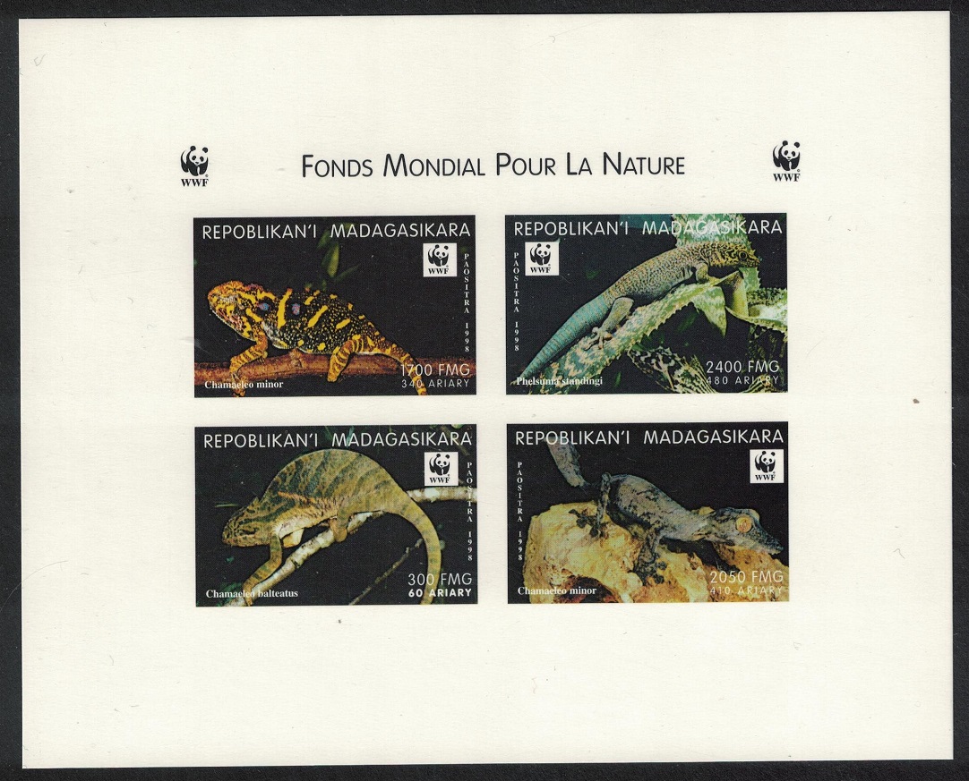 Madagascar WWF Geckos and Chameleons De-Luxe Sheet Combo ERROR 1999 MNH MI#2313-2316