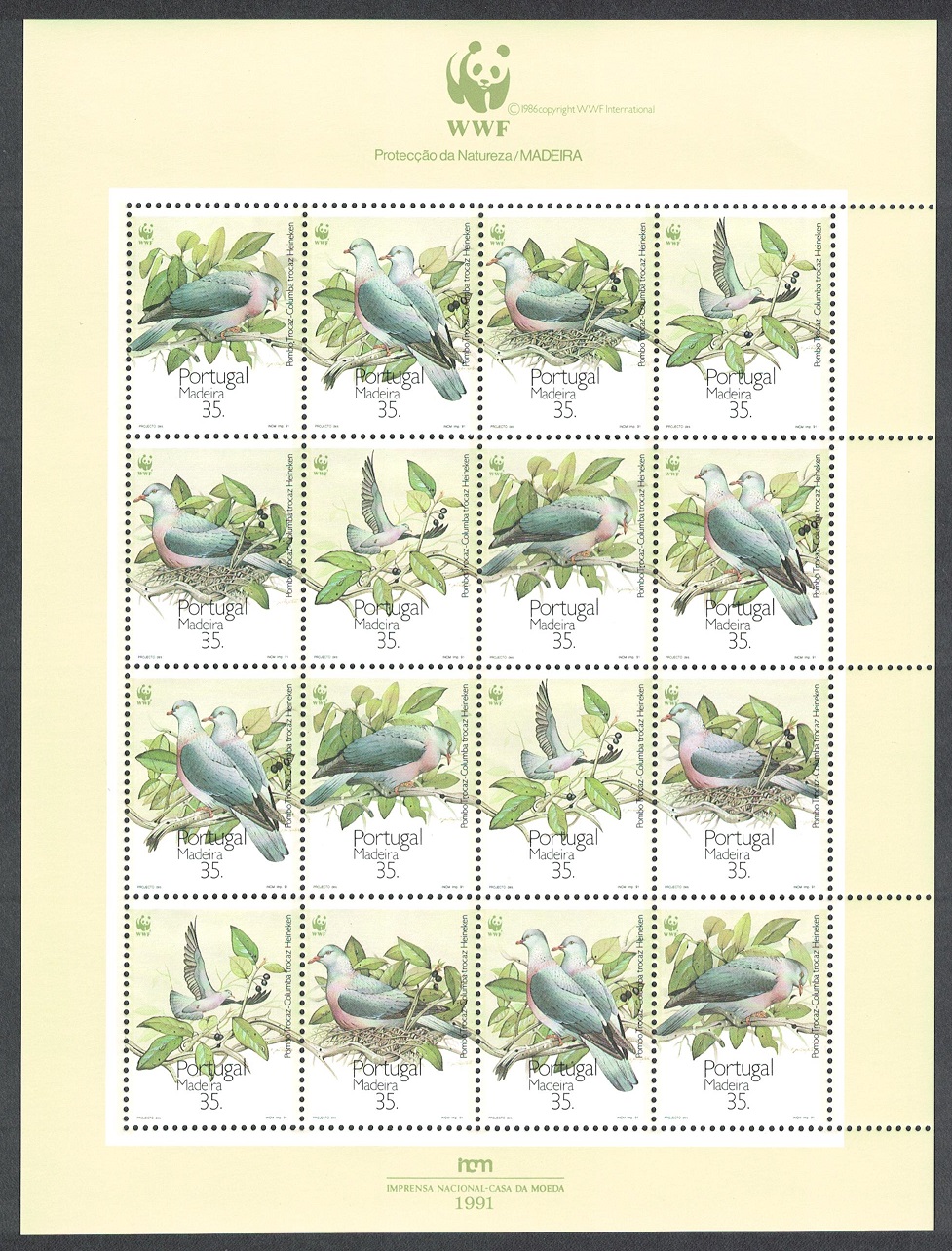 Madeira Birds WWF Laurel Pigeon Sheetlet of 4 sets 1991 MNH SG#274-277 MI#143-146 Sc#147-150