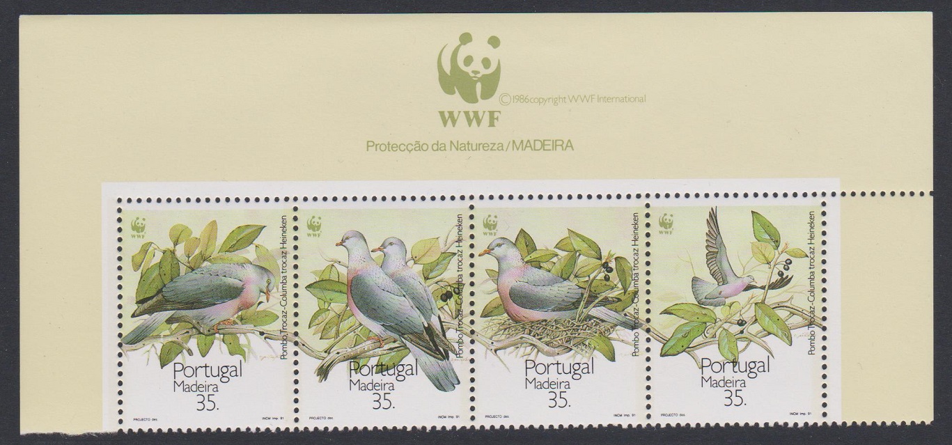 Madeira Birds WWF Laurel Pigeon Top Strip of 4v WWF Logo 1991 MNH SG#274-277 MI#143-146 Sc#147-150