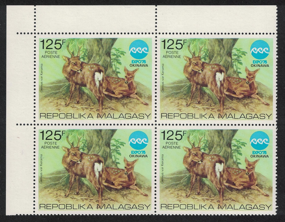 Malagasy Republic Sika Deer Fauna Okinawa Expo Corner Block of 4 1975 MNH SG#324