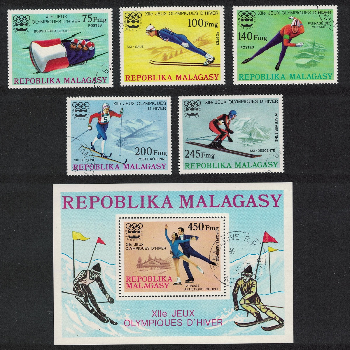 Malagasy Republic Winter Olympic Games Innsbruck 5v+MS 1975 CTO SG#330-MS335 Sc#538-540+C149-C150