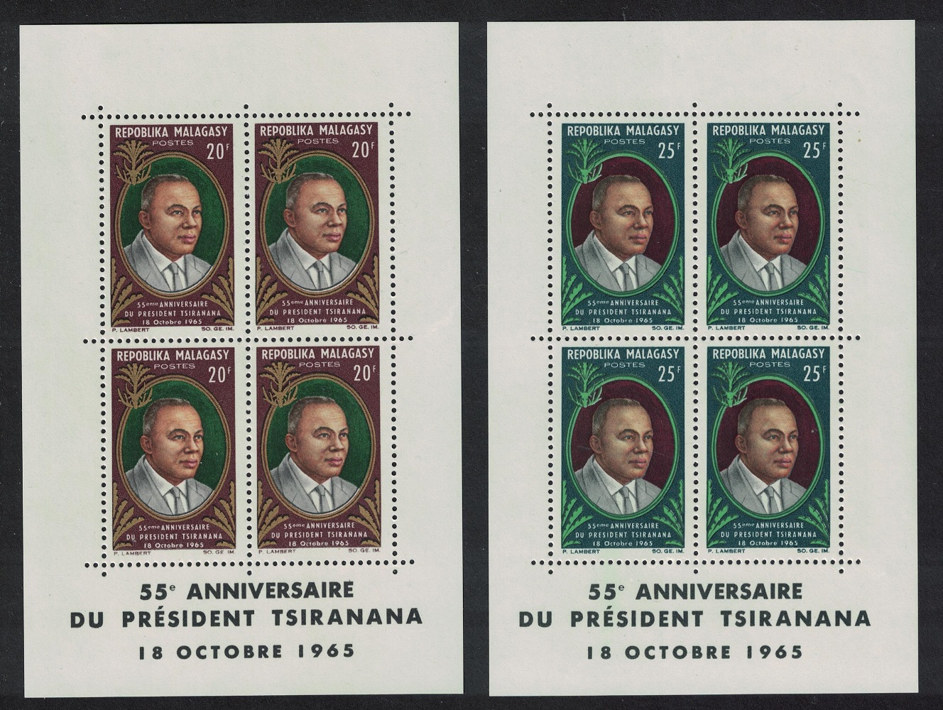 Malagasy Republic President Tsiranana&#39;s 55th Birthday MS 1965 MNH SG#MS100