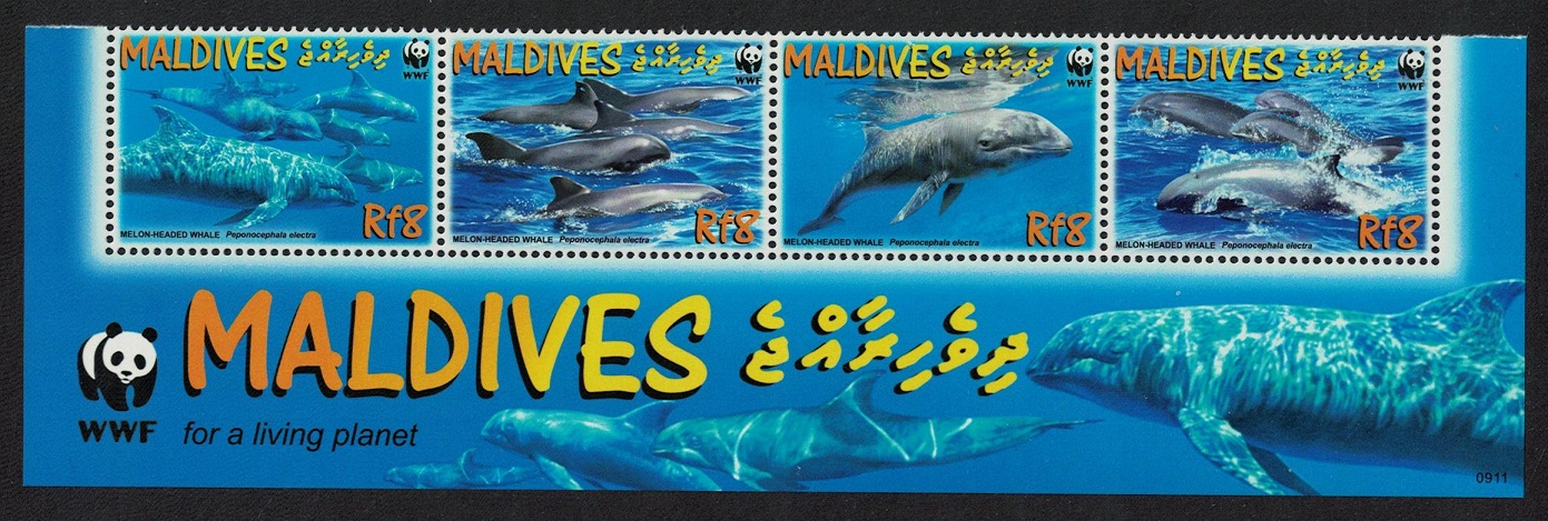 Maldives WWF Melon-headed Whale Bottom Strip of 4v WWF Logo 2009 MNH SG#4234-4237 MI#4768-4771 Sc#2987a-d