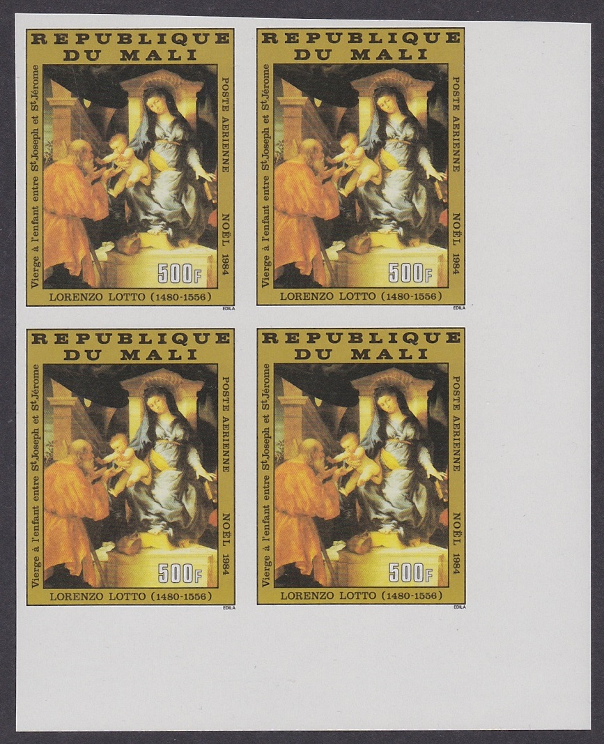 Mali &#39;Virgin and Child&#39; Lotto Christmas Imperf block of 4 1984 MNH SG#1059