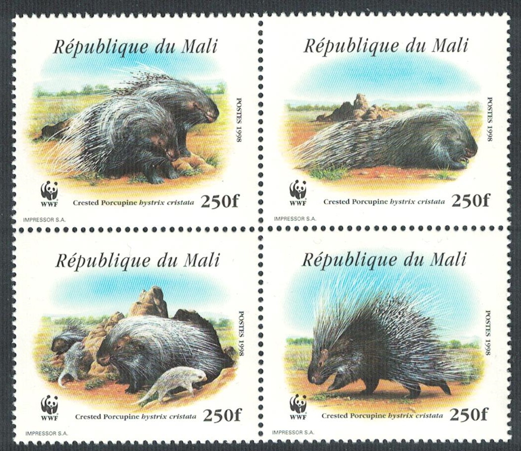 Mali WWF Crested Porcupine 4v in block 2*2 1998 MNH MI#1974-1977 Sc#918 a-d