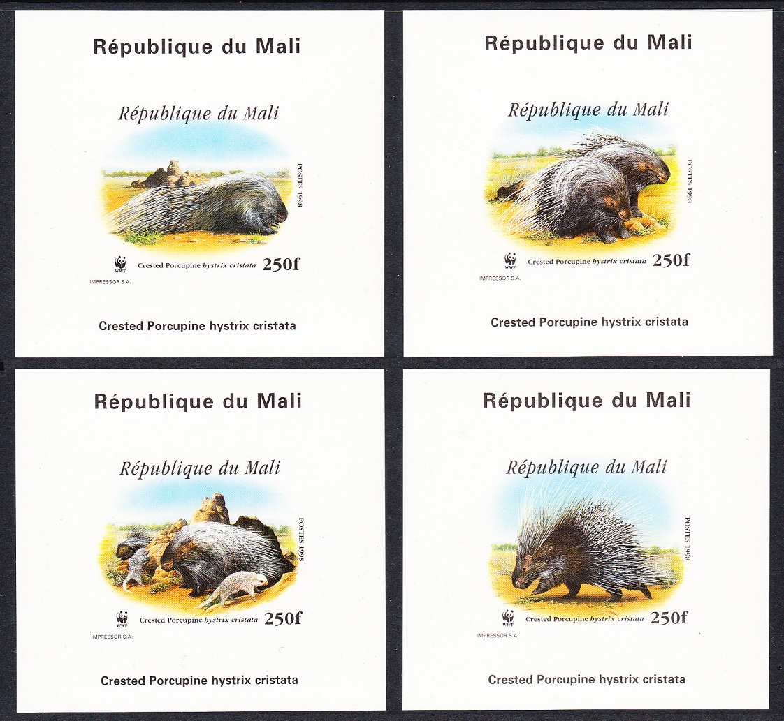 Mali WWF Crested Porcupine 4 De-Luxes Imperf 1998 MNH MI#1974-1977 Sc#918 a-d