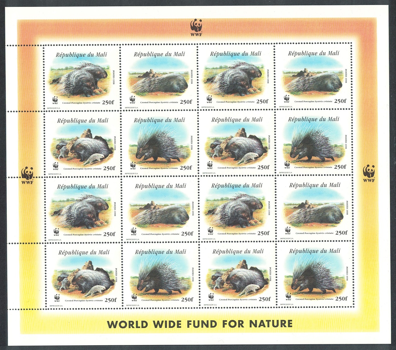 Mali WWF Crested Porcupine Sheetlet of 4 sets 1998 MNH MI#1974-1977 Sc#918 a-d