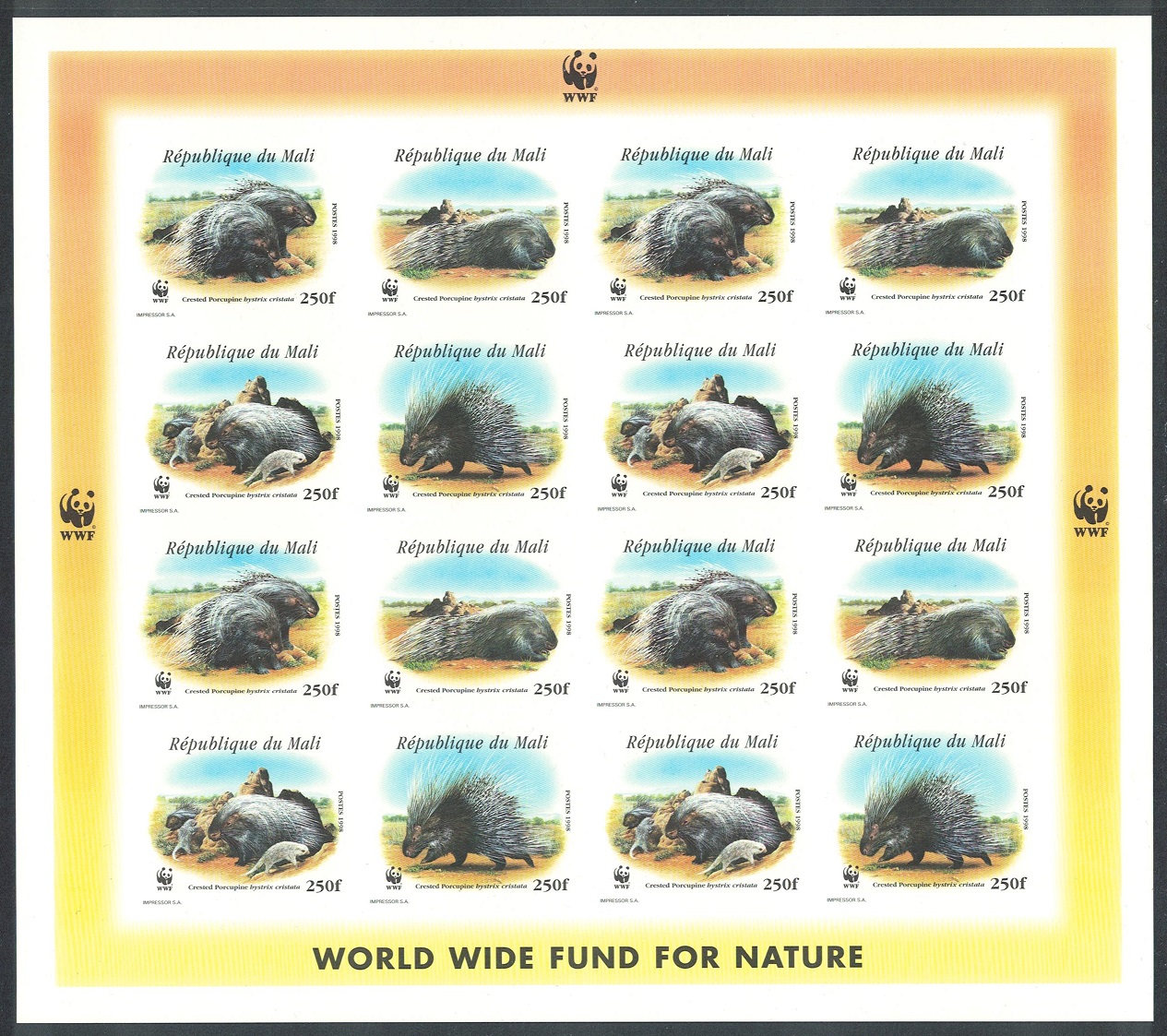 Mali WWF Crested Porcupine Imperf Sheetlet of 4 sets 1998 MNH MI#1974-1977 Sc#918 a-d