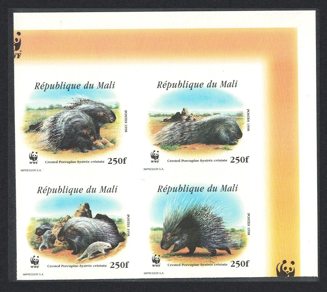 Mali WWF Crested Porcupine Corner Block of 4 Imperf 1998 MNH MI#1974-1977 Sc#918 a-d