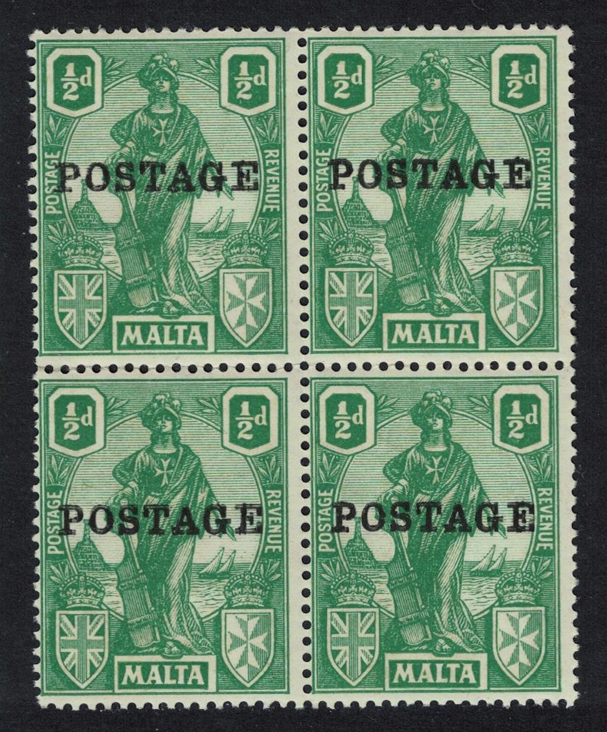 Malta Allegory ½d. - green Block of 4 1922 MNH SG#144