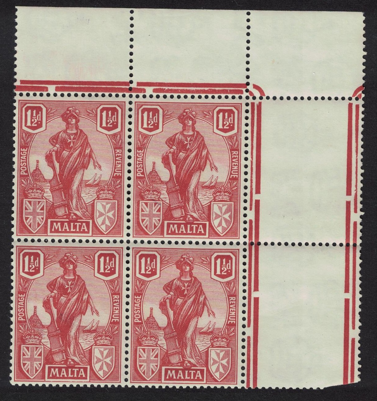 Malta Allegory 1½d. - red Corner Block of 4 1922 MNH SG#127