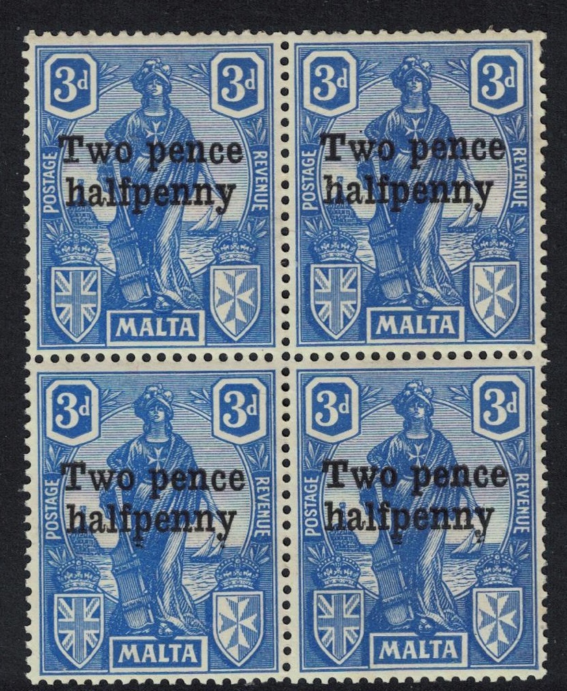 Malta Surcharge &#39;Two and halfpenny&#39; Block of 4 1925 MNH SG#142