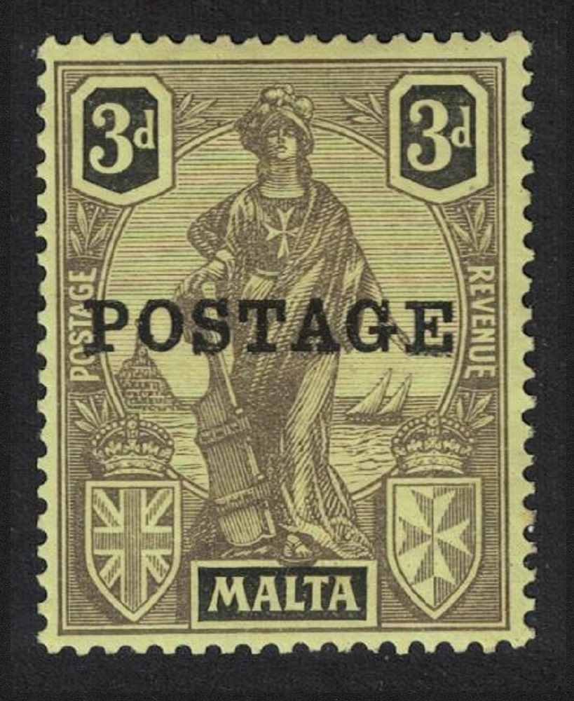 Malta &#39;POSTAGE&#39; overprint 3d. - black on yellow 1926 MNH SG#149