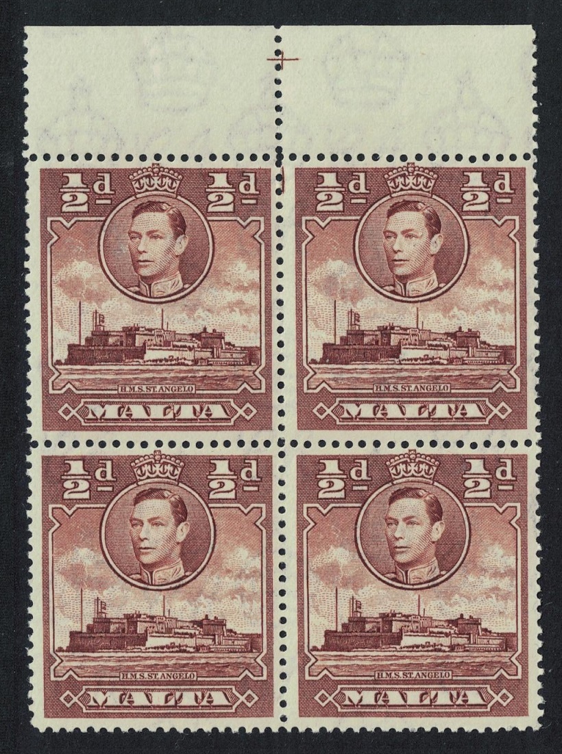 Malta HMS St Angelo ½d brown Block of 4 Top Margin 1943 MNH SG#218a