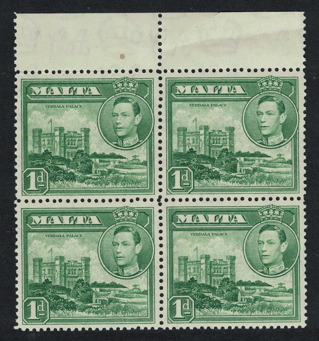 Malta Verdala Palace 1d green Block of 4 Margin 1943 MNH SG#219a