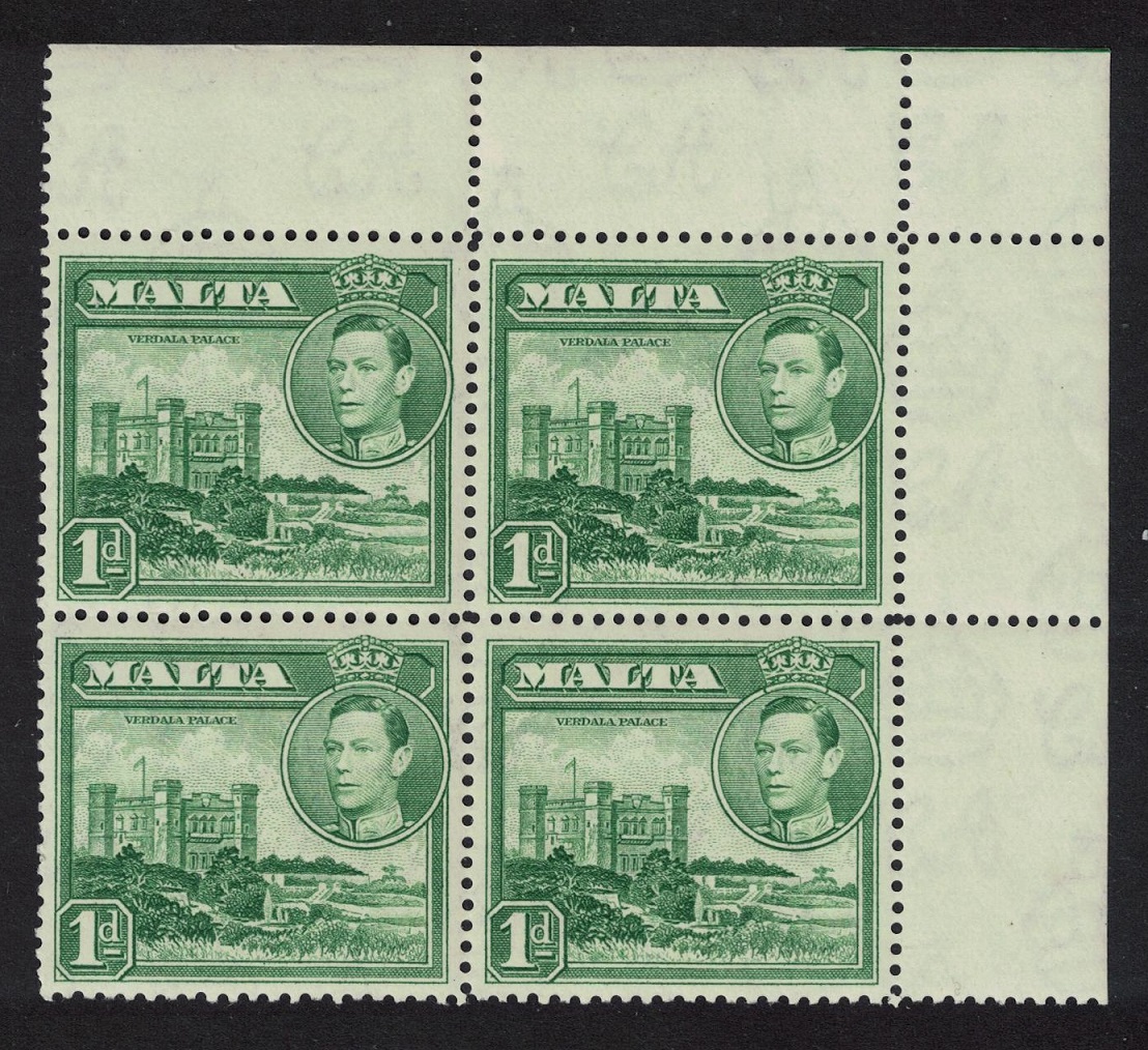 Malta Verdala Palace 1d green Corner Block of 4 1943 MNH SG#219a