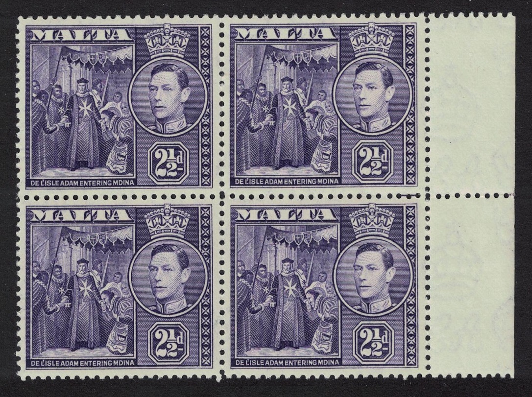 Malta de l&#39;Isle Adam entering Mdina 2½d Block of 4 Side Margin 1938 MNH SG#222a