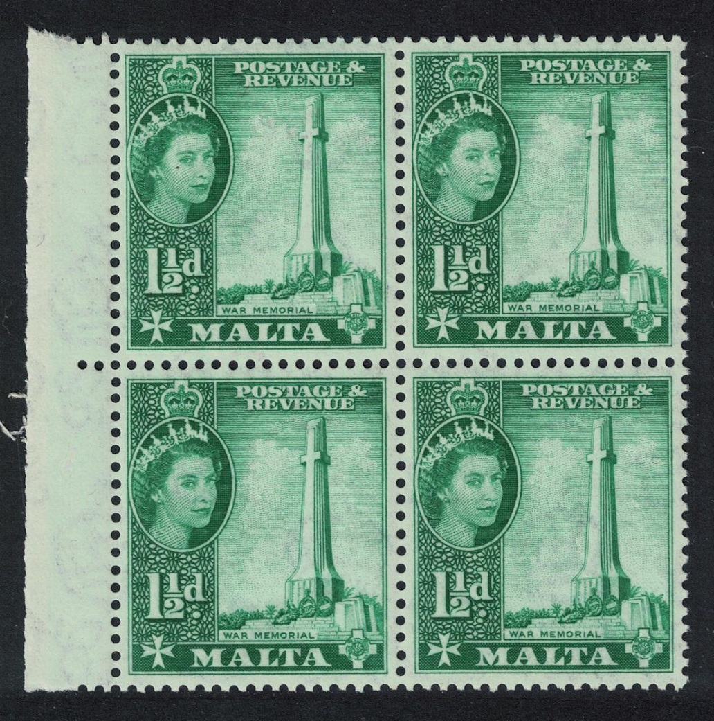 Malta Second World War memorial 1½d Block of 4 Margin 1956 MNH SG#269