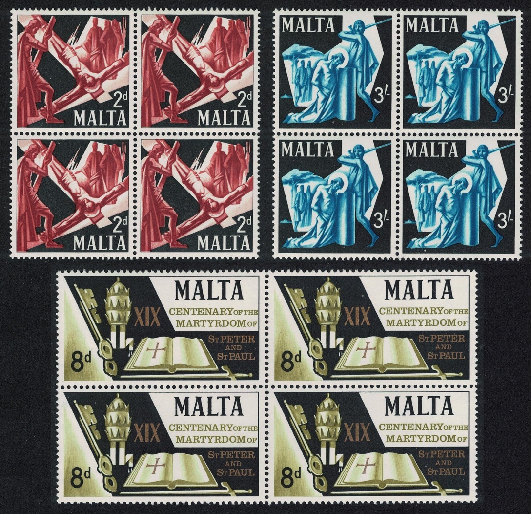 Malta Martyrdom of St Peter and St Paul 3v Blocks of 4 1967 MNH SG#382-384 Sc#364-366