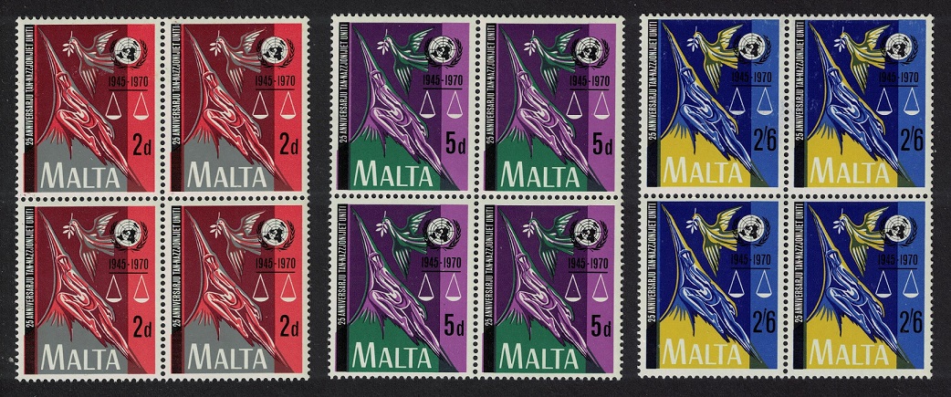 Malta 25th Anniversary of United Nations 3v Blocks of 4 1970 MNH SG#441-443 Sc#420-422