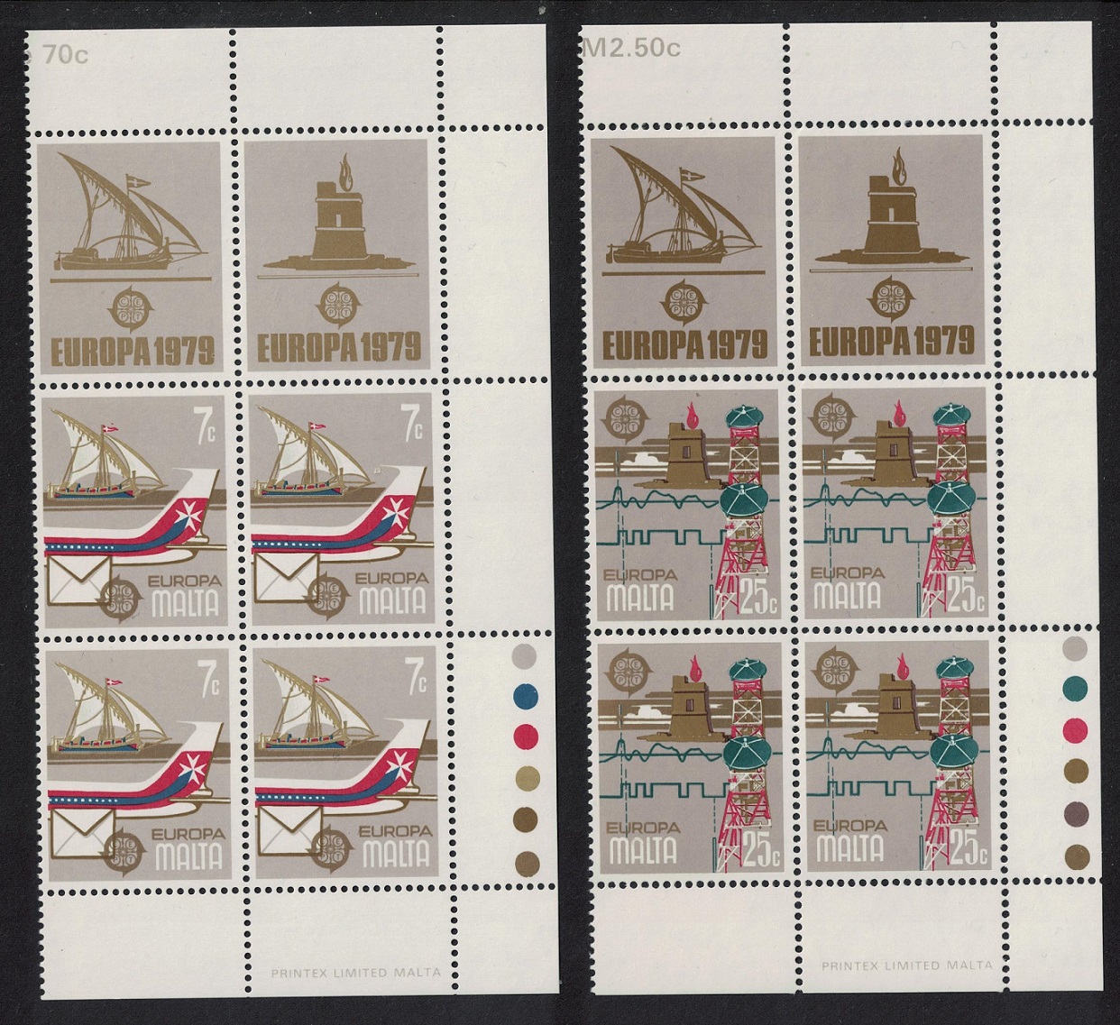 Malta Ship Aircraft Europa Communications 2v Corner Blocks Labels 1979 MNH SG#625-626