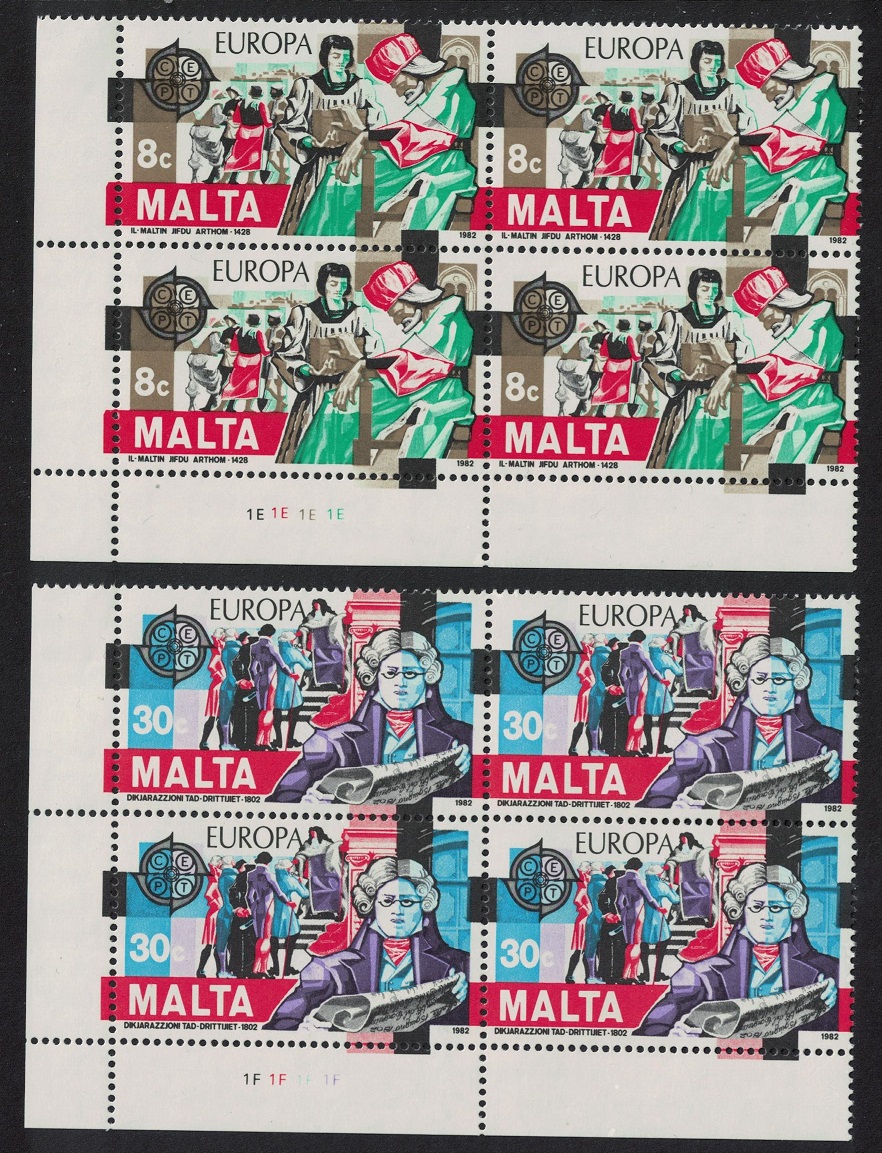 Malta Europa Historical Events 2v Corner Blocks of 4 1982 MNH SG#692-693