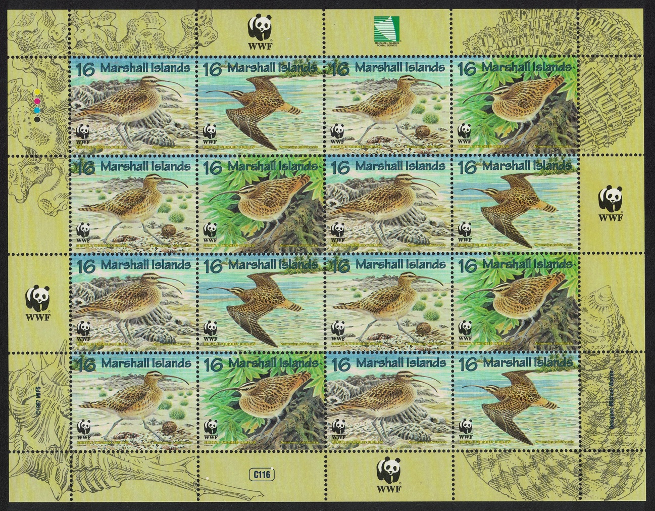 Marshall Islands Birds WWF Bristle-thighed Curlew Sheetlet of 4 sets 1997 MNH SG#826-829 MI#830-833 Sc#638 a-d