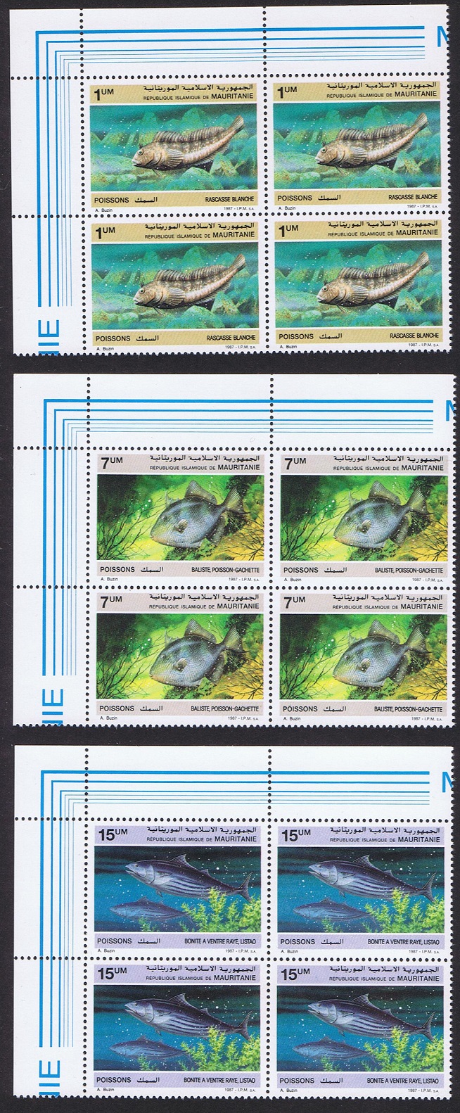 Mauritania Fish 3v Corner Blocks of 4 1988 MNH SG#896-898 MI#920-922 Sc#631-633