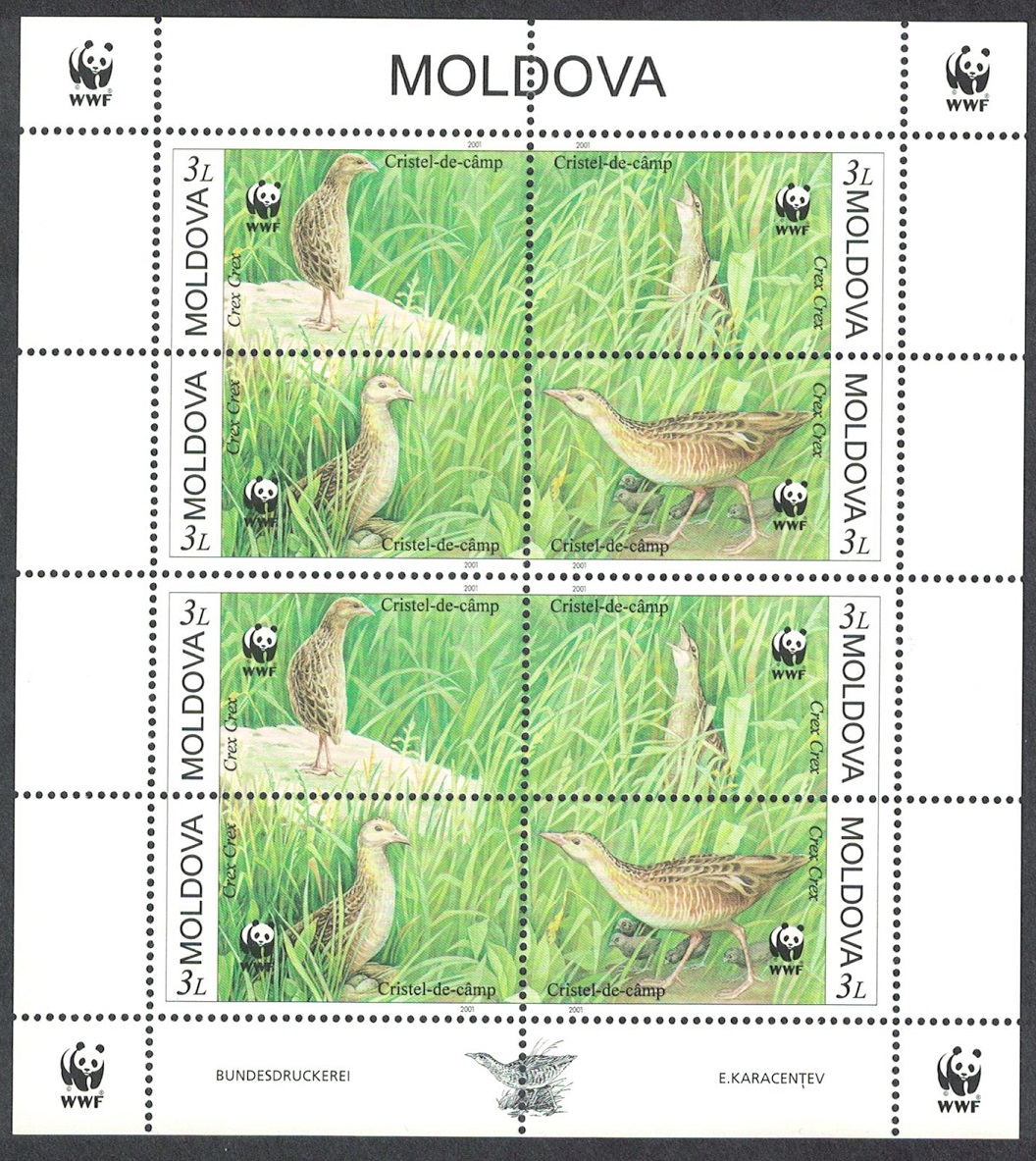 Moldova Birds WWF Corncrake Sheetlet of 2 sets 2001 MNH SG#382-385 MI#379-382 Sc#370 a-d