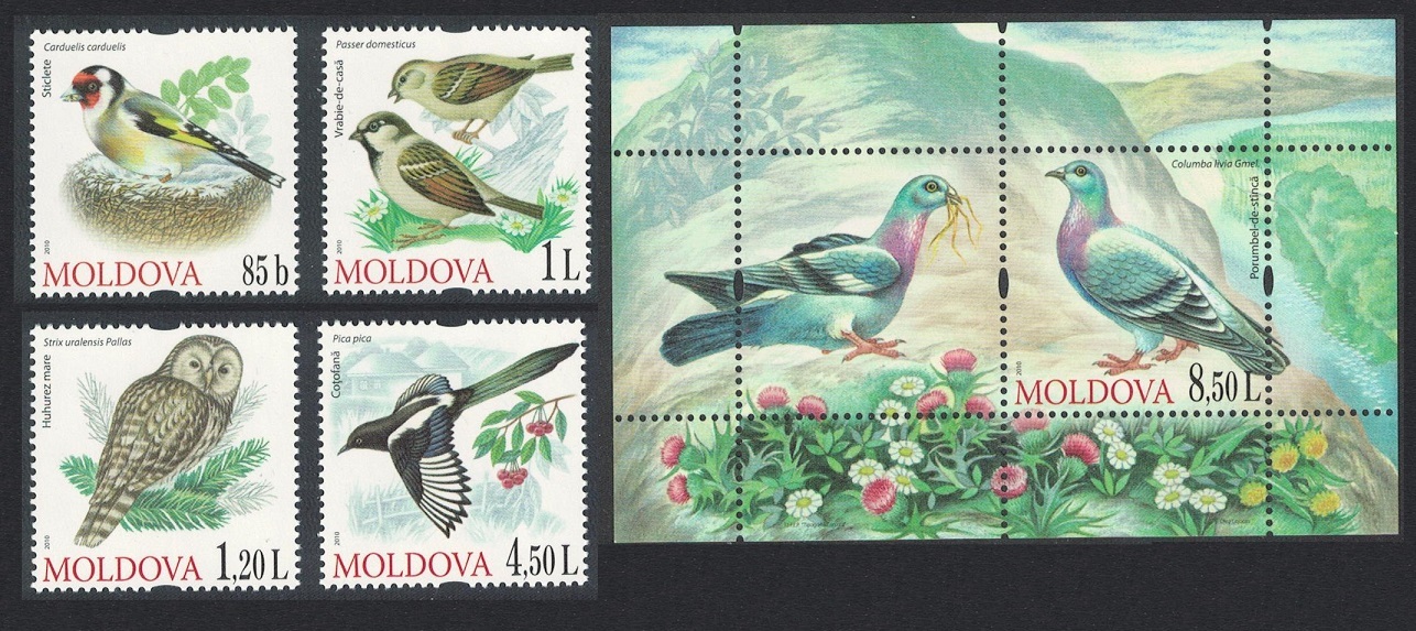 Moldova Goldfinch Owl Magpie Dove Birds 4v+MS 2010 MNH SG#692-MS696 MI#698-701+Block 50