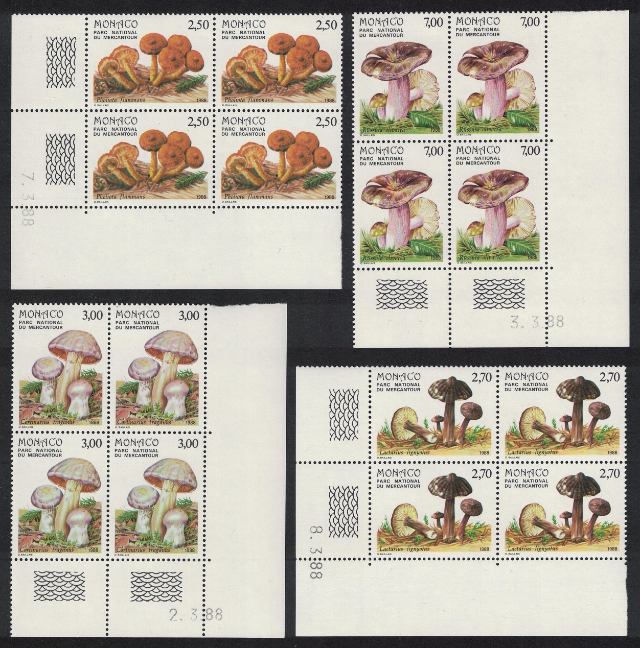 Monaco Fungi in Mercantour National Park 4v Corner Blocks of 4 1988 MNH SG#1878-1881