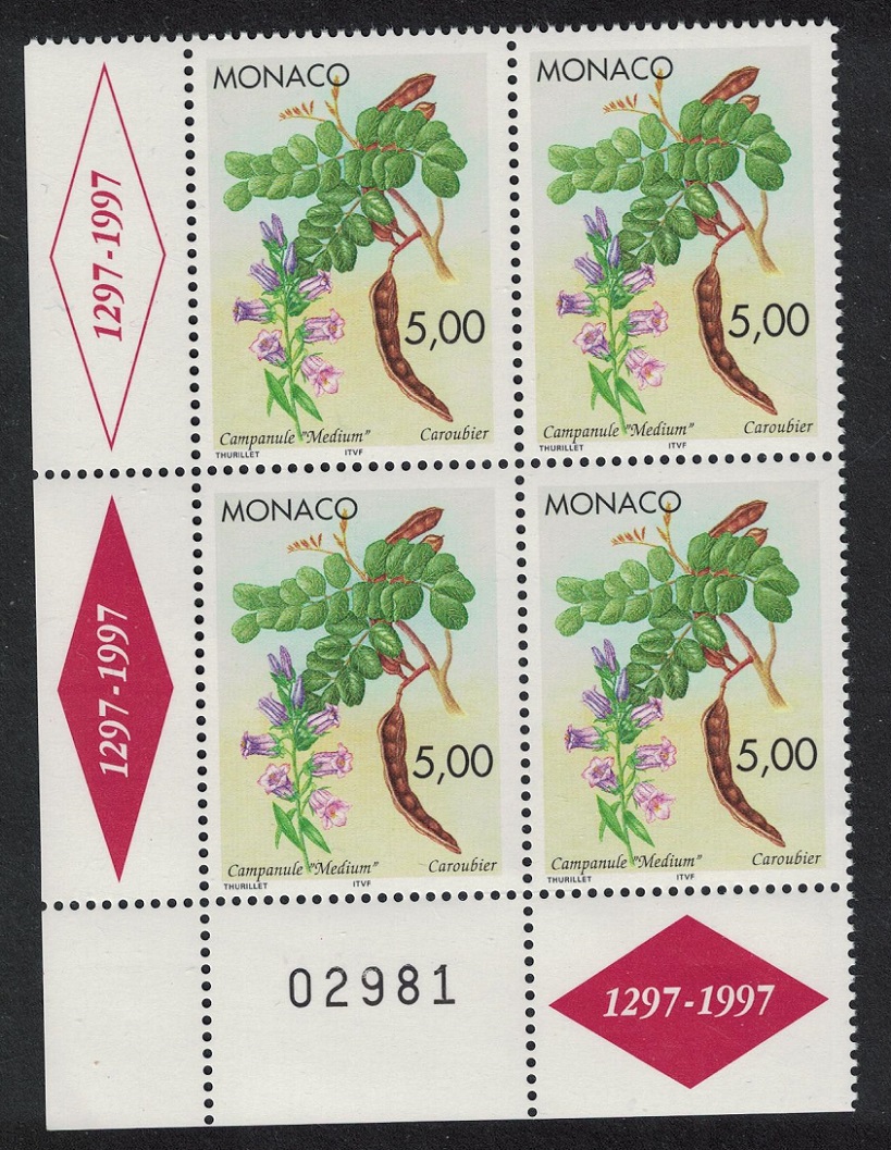 Monaco Giant Bellflower and Carob Pods Corner Block of 4 Number 1996 MNH SG#2301 MI#2332