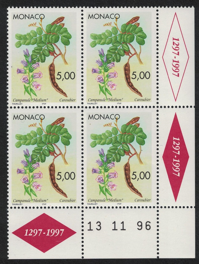 Monaco Giant Bellflower and Carob Pods Corner Block of 4 Date 1996 MNH SG#2301 MI#2332