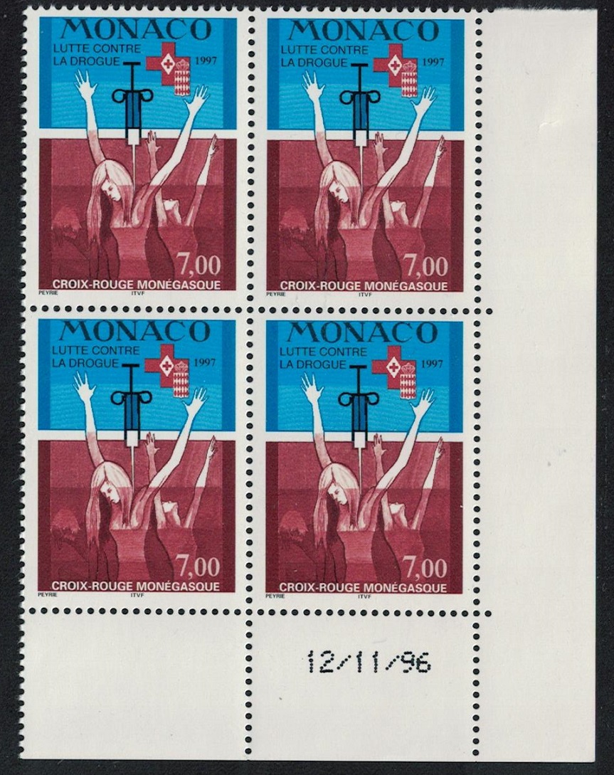 Monaco Anti-drugs Campaign Monaco Red Cross Corner Block of 4 Date 1997 MNH SG#2320 MI#2357