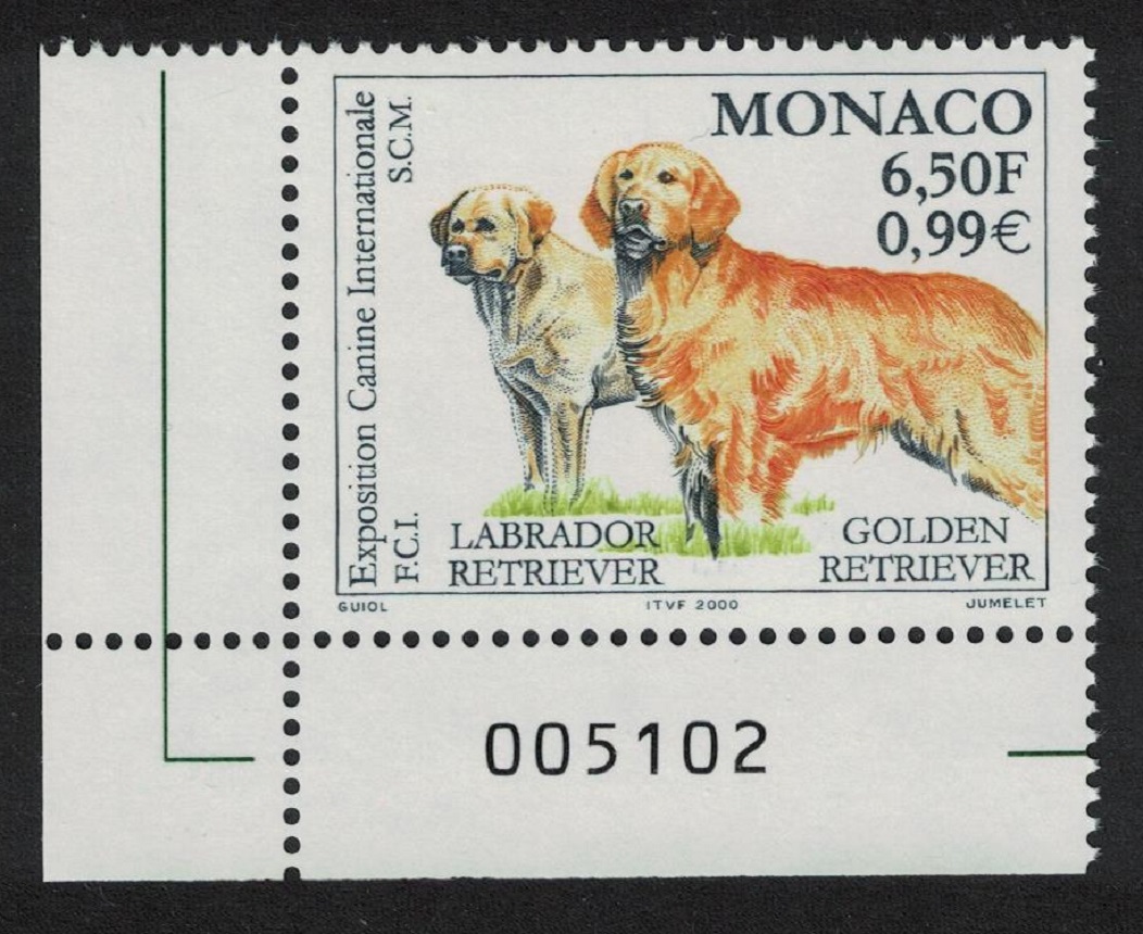 Monaco Golden Labrador Golden Retriever Dogs Corner Number 2000 MNH SG#2443