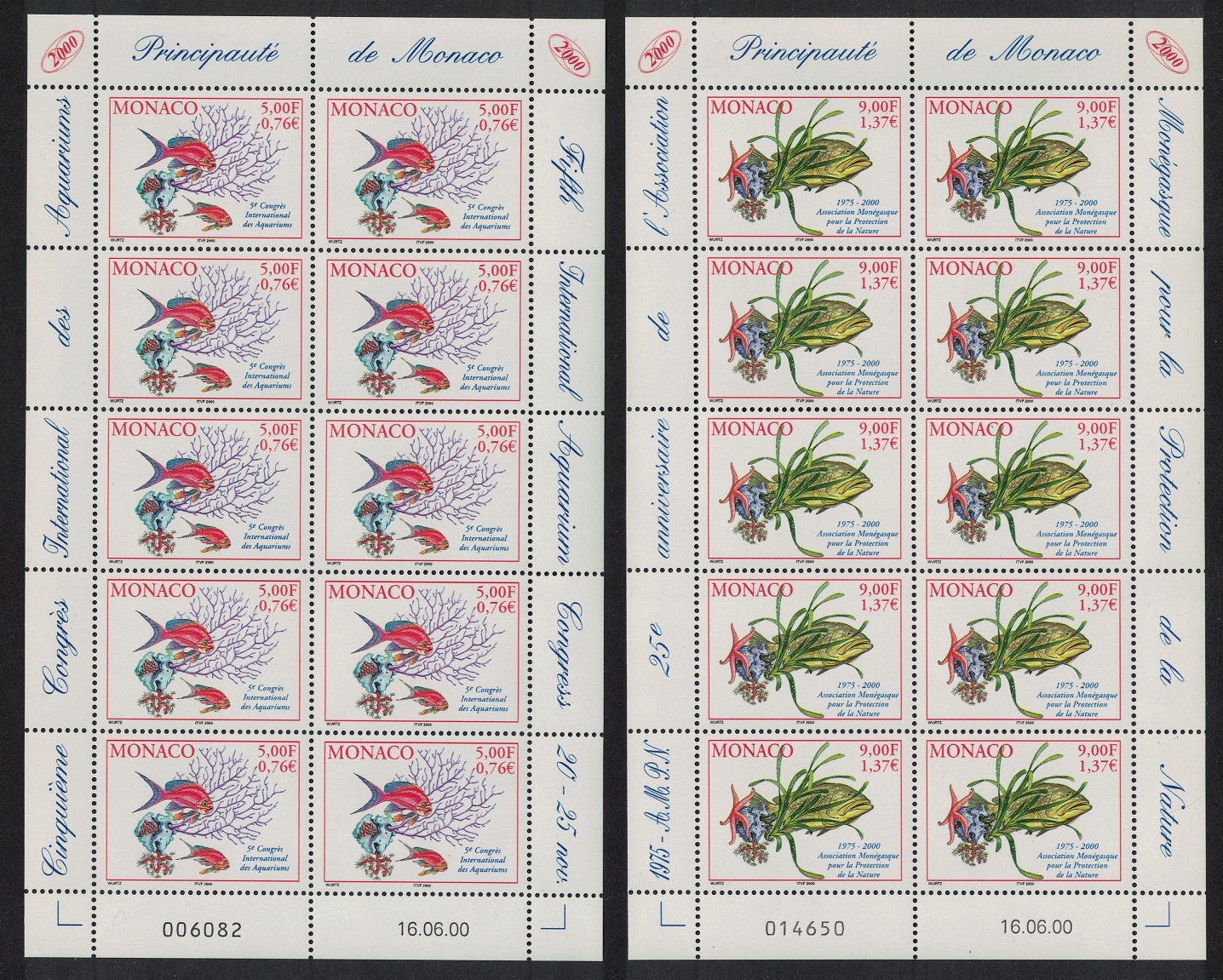 Monaco Corals Starfish Water plant Fish 2v Sheetlets 2000 MNH SG#2474-2475 MI#2521+2523