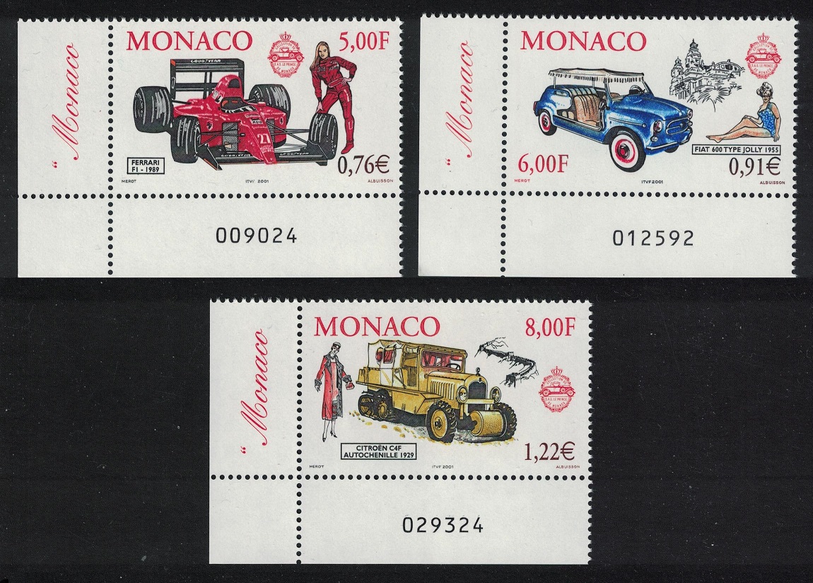 Monaco Motor cars Royal Collection 3v Corners Number 2000 MNH SG#2479-2481 MI#2528-2530