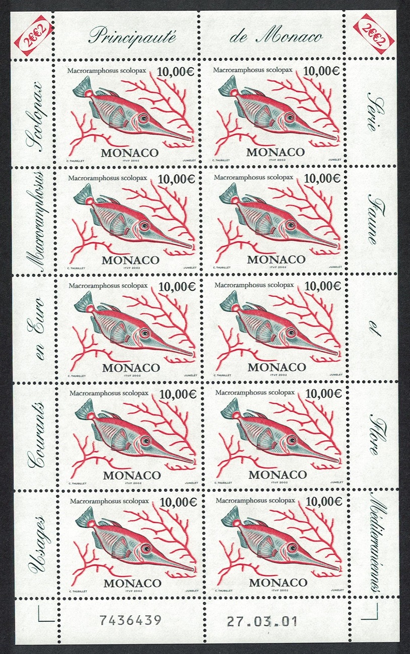 Monaco Fish Common Snipefish Sheetlet of 10v 2002 MNH SG#2534 MI#2582