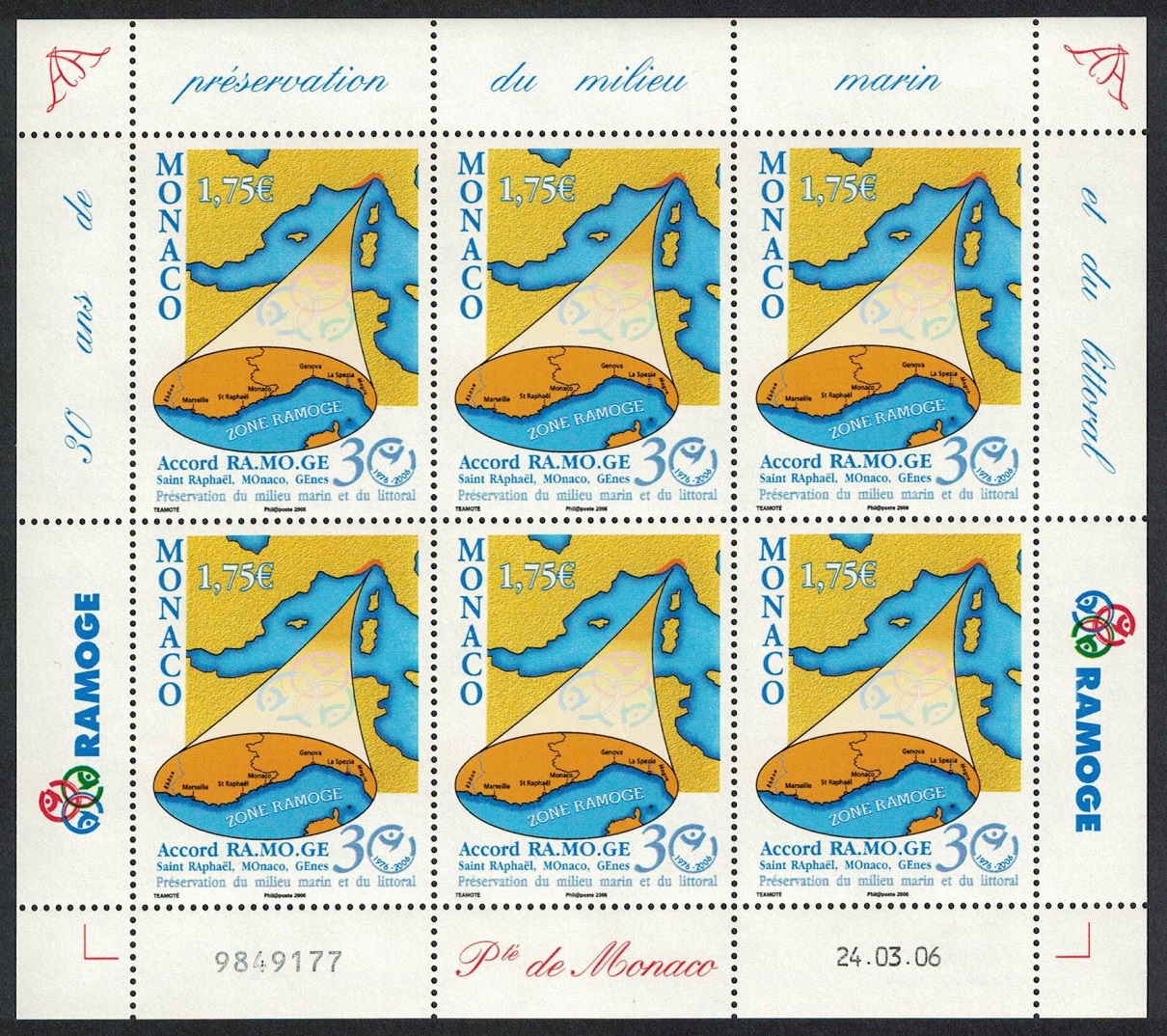 Monaco Anniversary of RAMOGE Sheetlet of 6v 2006 MNH SG#2758 MI#2801